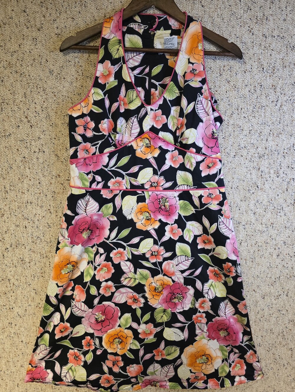 Cotton Canvas Floral V-Neck Halter Dress  Black Pink & Orange Zips Up Size 10.